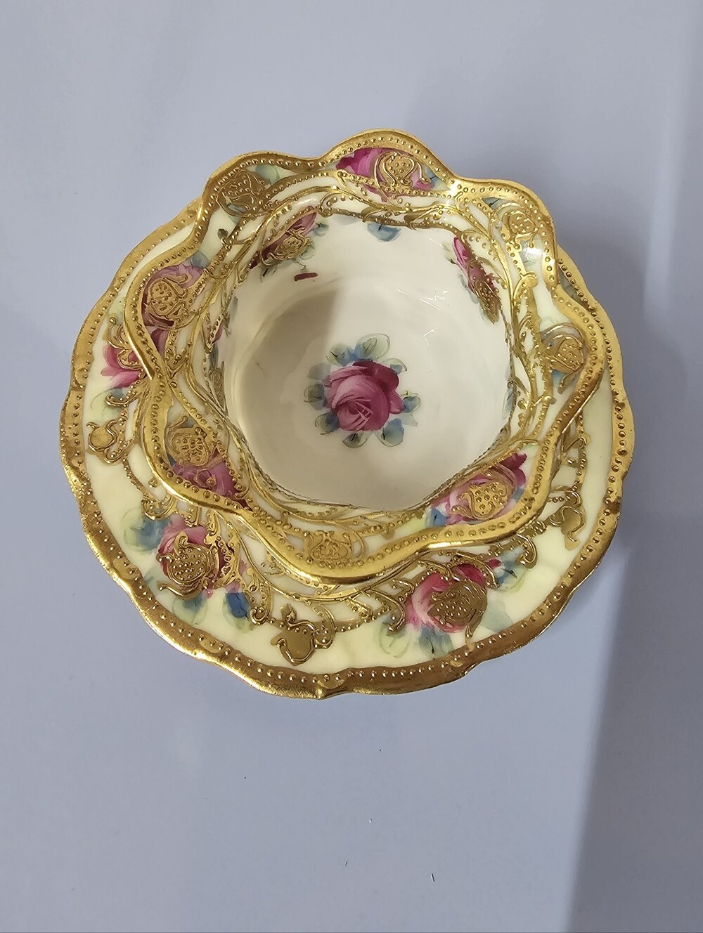 Antique Nippon Moriage Mayonnaise Bowl & Underplate Set, Hand Painted